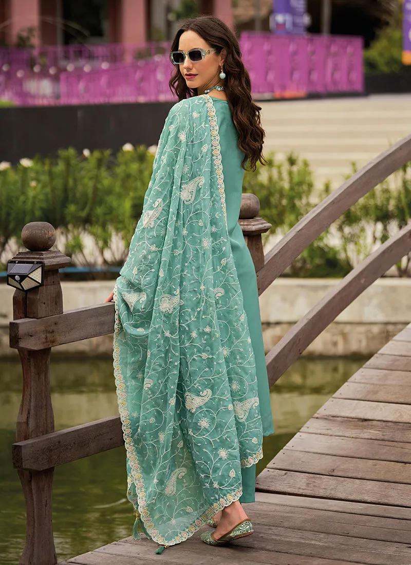 Turquoise Traditional Embroidery Pant Style Suit