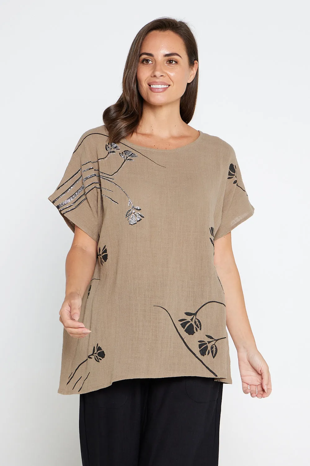 Valerie Diamanté Top - Khaki Brown