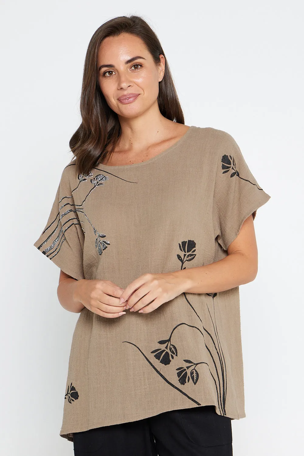 Valerie Diamanté Top - Khaki Brown