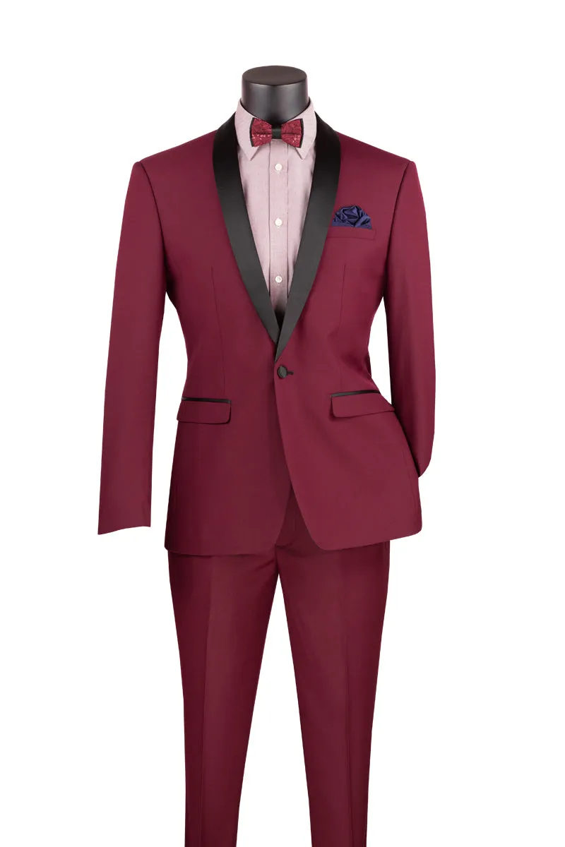 Vinci Slim Fit 2 Piece 1 Button Shawl Collar Tuxedo Burgundy T-SS