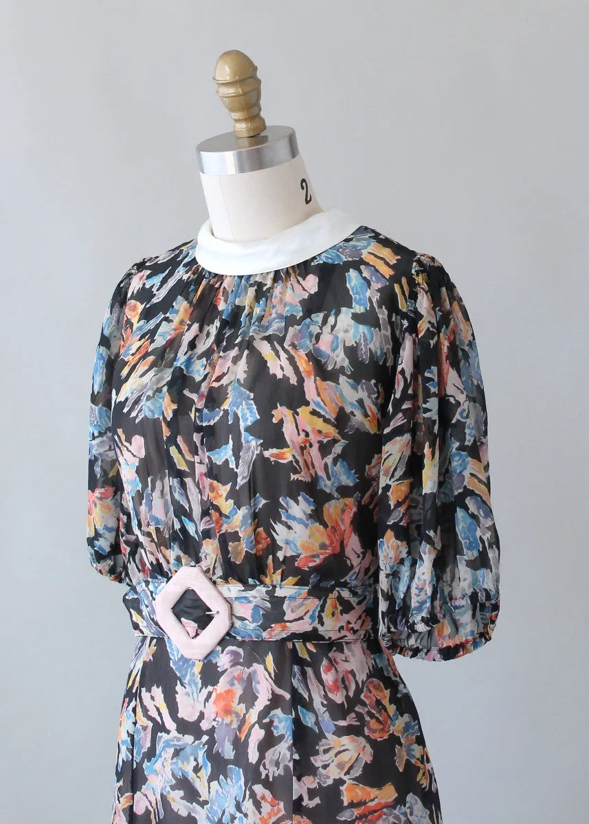 Vintage 1930s Abstract Print Silk Chiffon Dress