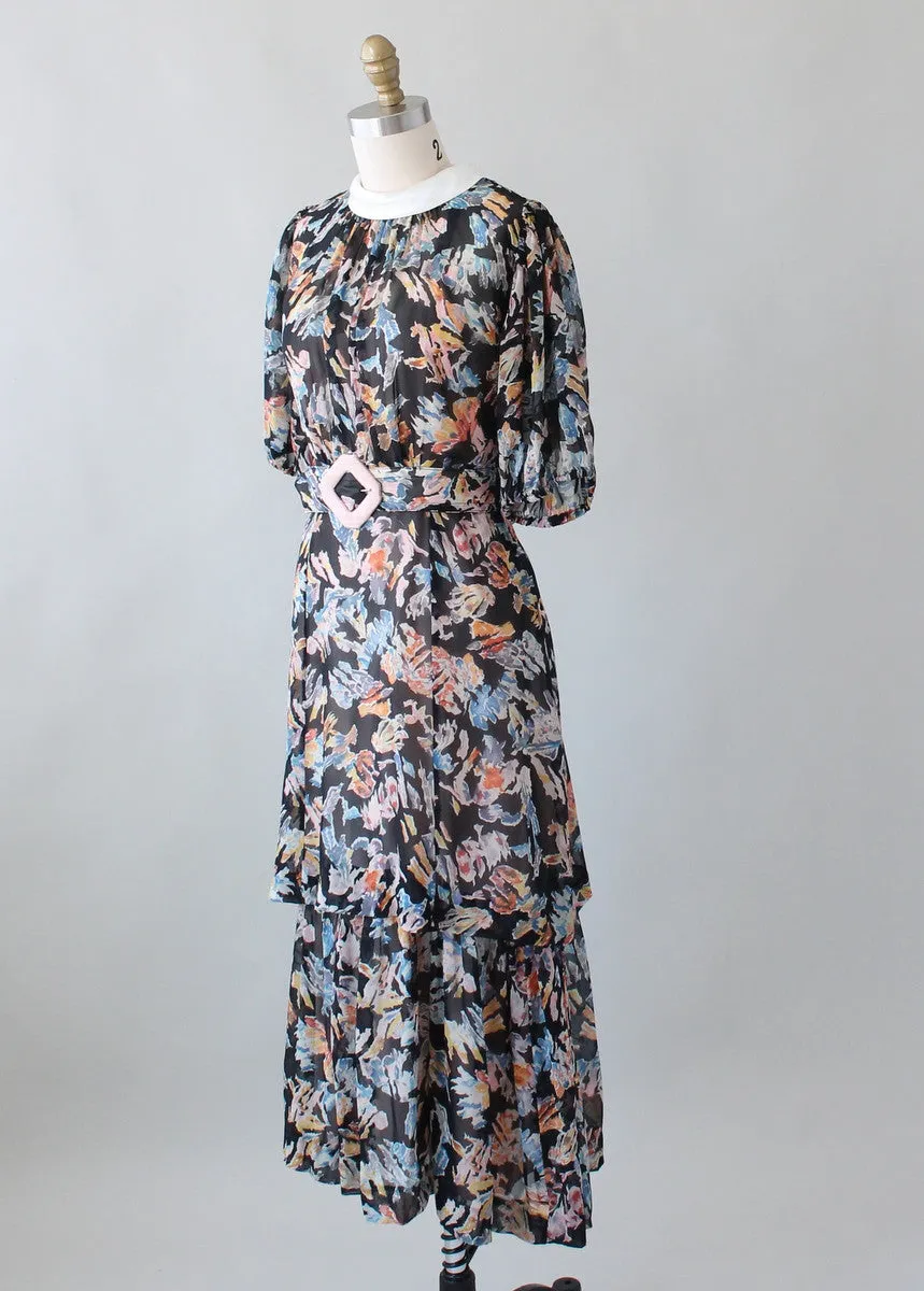 Vintage 1930s Abstract Print Silk Chiffon Dress