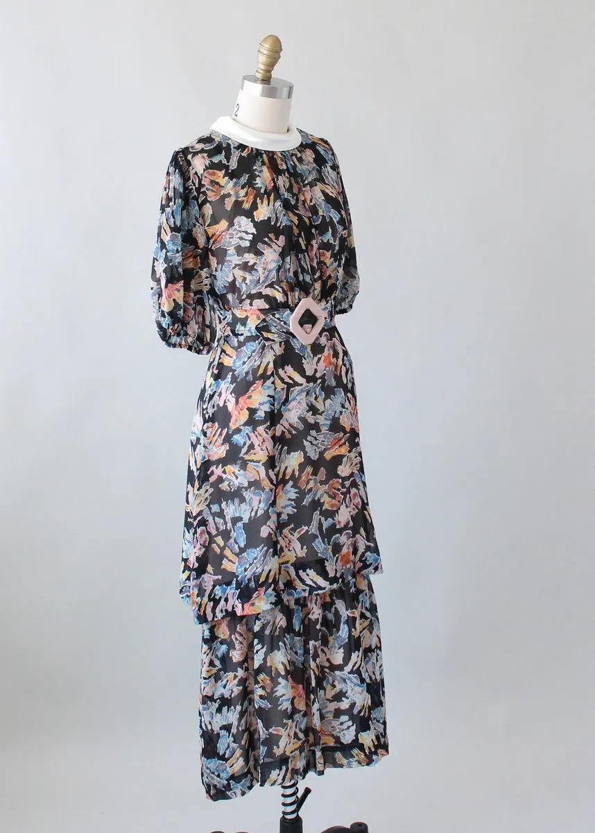 Vintage 1930s Abstract Print Silk Chiffon Dress