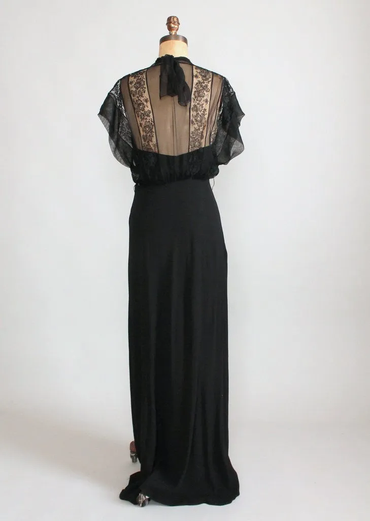 Vintage 1930s Black Lace and Crepe Evening Dress