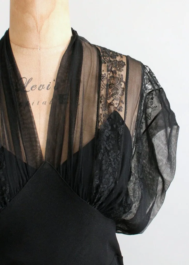 Vintage 1930s Black Lace and Crepe Evening Dress