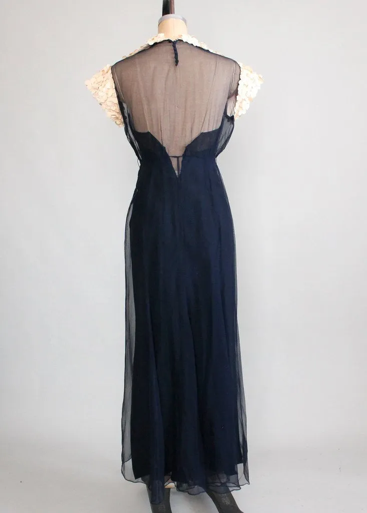 Vintage 1930s Navy Chiffon Petal Sleeves Evening Dress