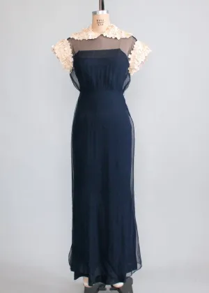 Vintage 1930s Navy Chiffon Petal Sleeves Evening Dress