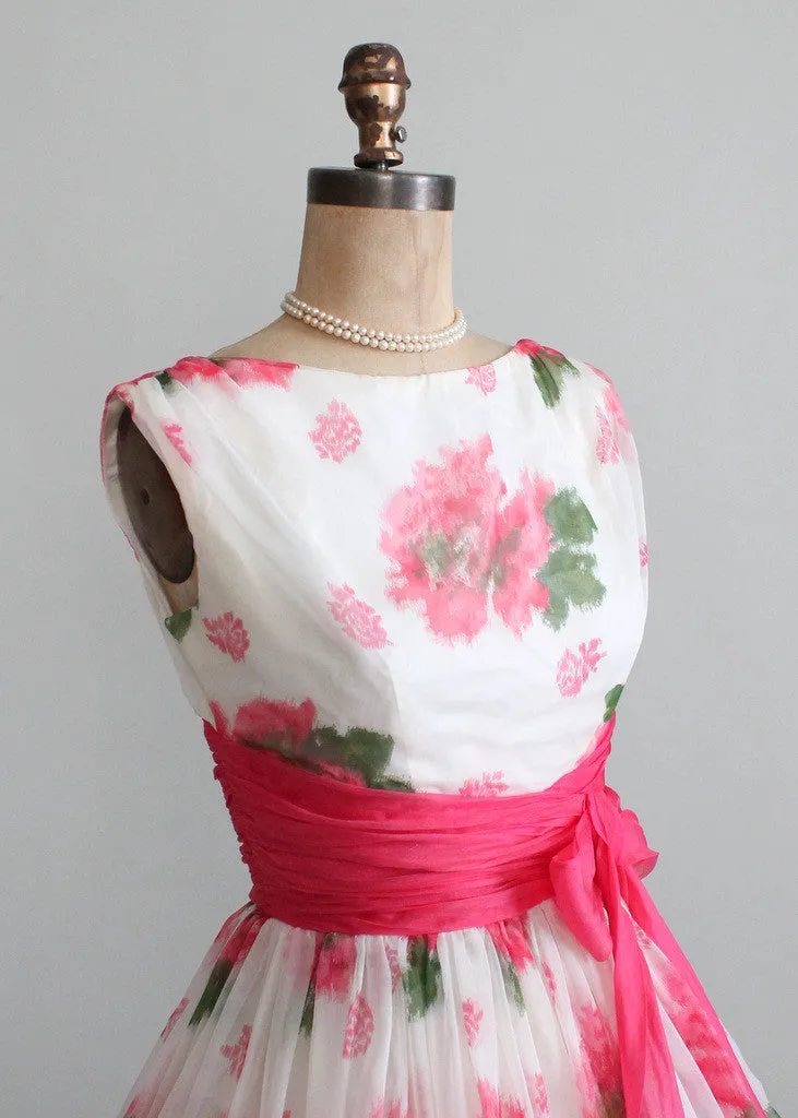 Vintage 1950s Pink Roses Chiffon Party Dress