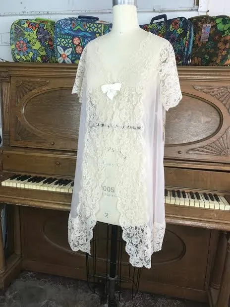 Vintage 50s 60s Chiffon Sheer Ivory Babydoll Ruffled Bow Nighty Kimono Pegnoir Robe Duster Jacket Sz Small S