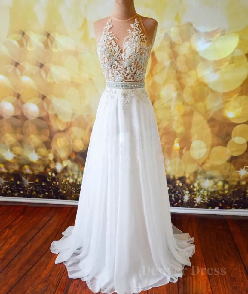 White Chiffon Tulle Appliques Lace Sweep Train Sexy Open Back Prom Dresses Lace Formal Dresses