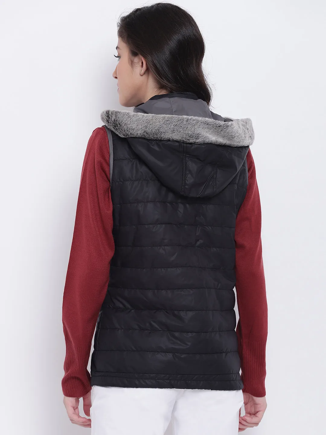 Women Black Casual Quilted Jacket