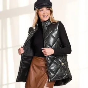 Women Black Leather Puffer Vest