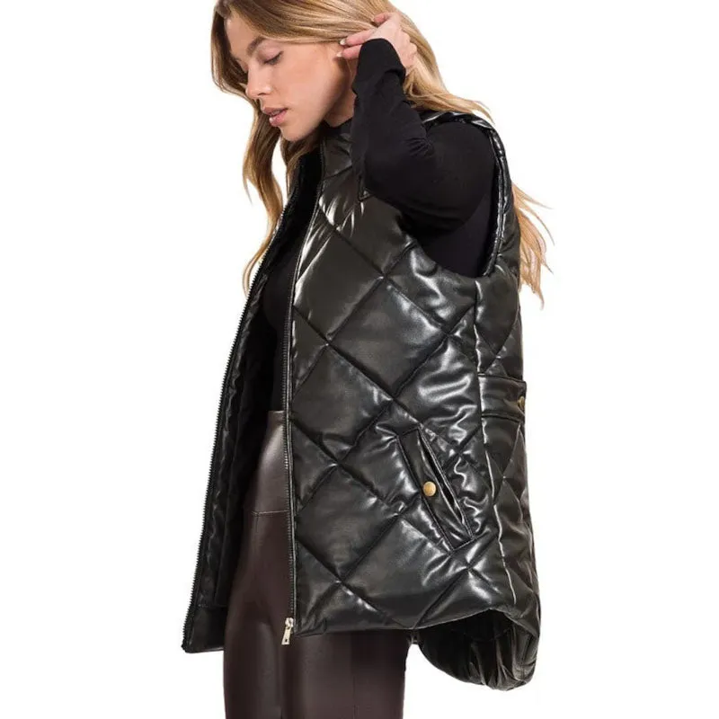 Women Black Leather Puffer Vest