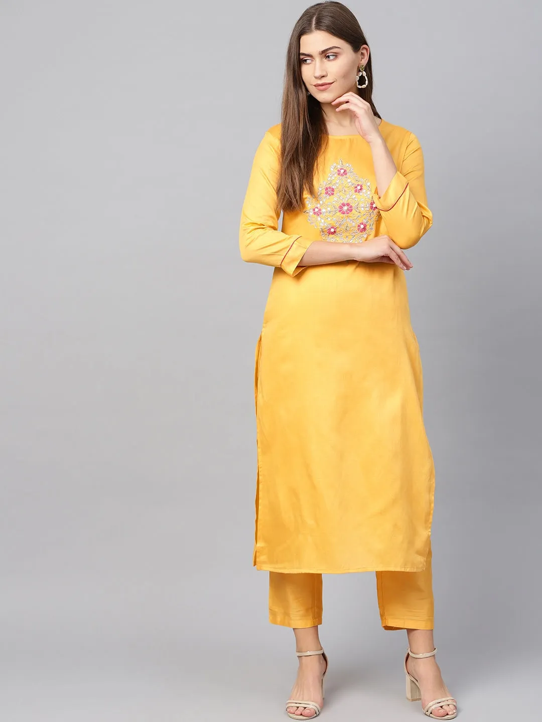 Women Mustard Yellow Straight Kurta Set