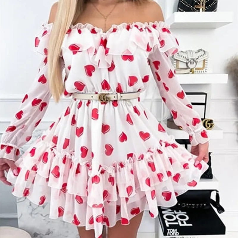 Women Off Shoulder Ruffles Flower Print Long Sleeve Elegant Party Dress Chiffon