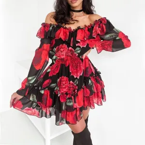 Women Off Shoulder Ruffles Flower Print Long Sleeve Elegant Party Dress Chiffon