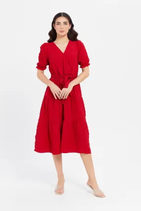 Women Red Textured Wrap Dress