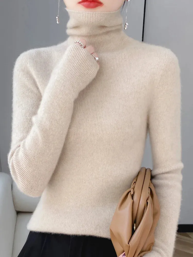 Women Turtleneck Sweater Autumn Winter Slim Basic Bottoming Pullover 100% Merino Wool Soft Kniwear Korean Popular Clothes Tops