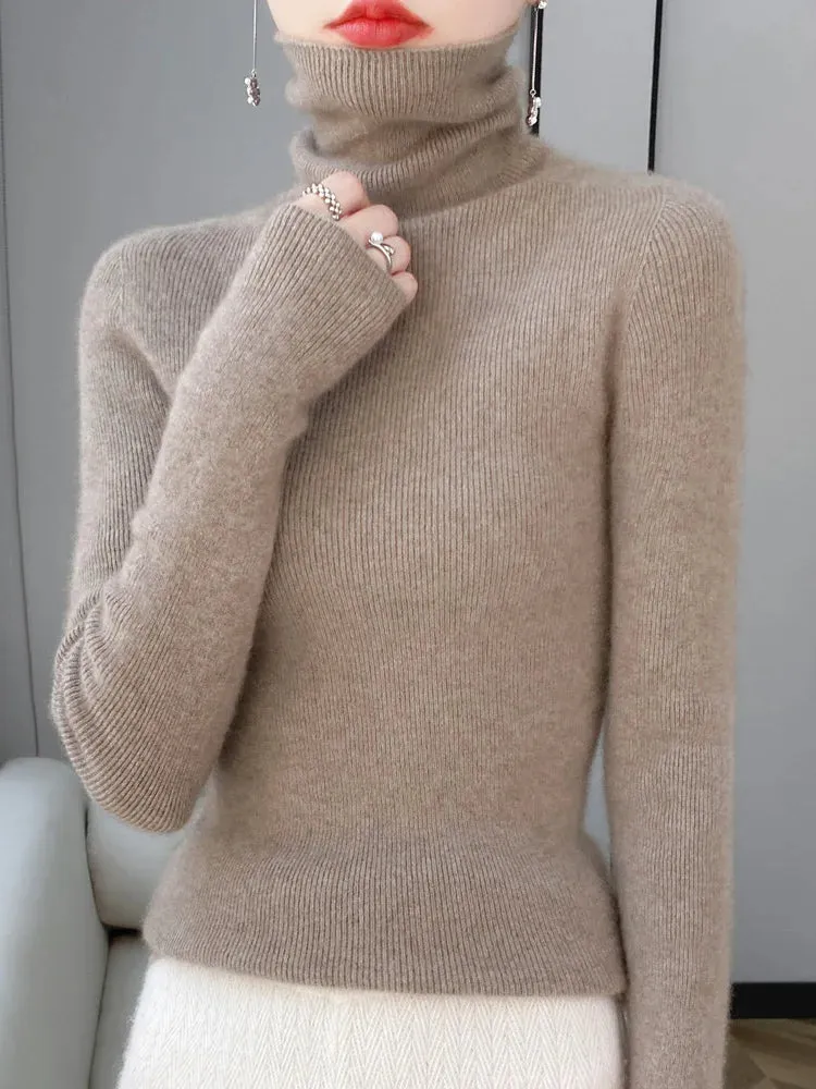 Women Turtleneck Sweater Autumn Winter Slim Basic Bottoming Pullover 100% Merino Wool Soft Kniwear Korean Popular Clothes Tops