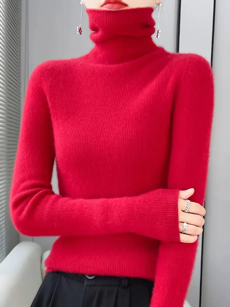 Women Turtleneck Sweater Autumn Winter Slim Basic Bottoming Pullover 100% Merino Wool Soft Kniwear Korean Popular Clothes Tops