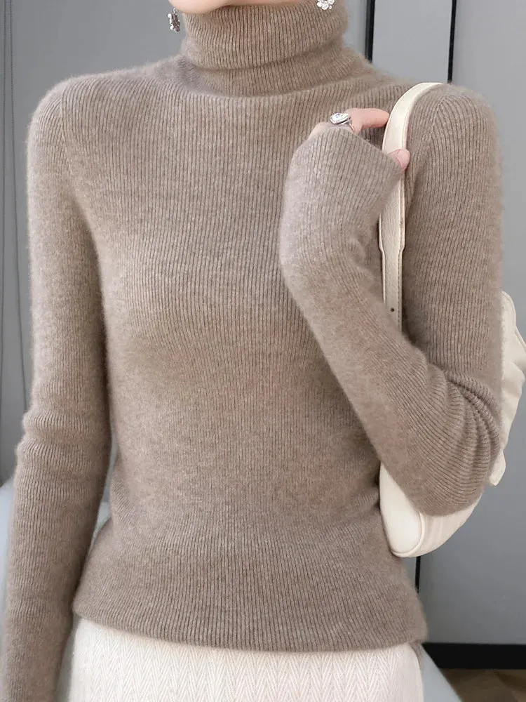 Women Turtleneck Sweater Autumn Winter Slim Basic Bottoming Pullover 100% Merino Wool Soft Kniwear Korean Popular Clothes Tops