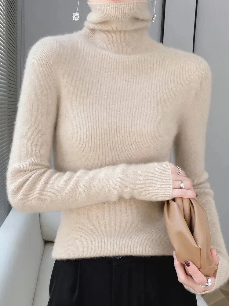 Women Turtleneck Sweater Autumn Winter Slim Basic Bottoming Pullover 100% Merino Wool Soft Kniwear Korean Popular Clothes Tops