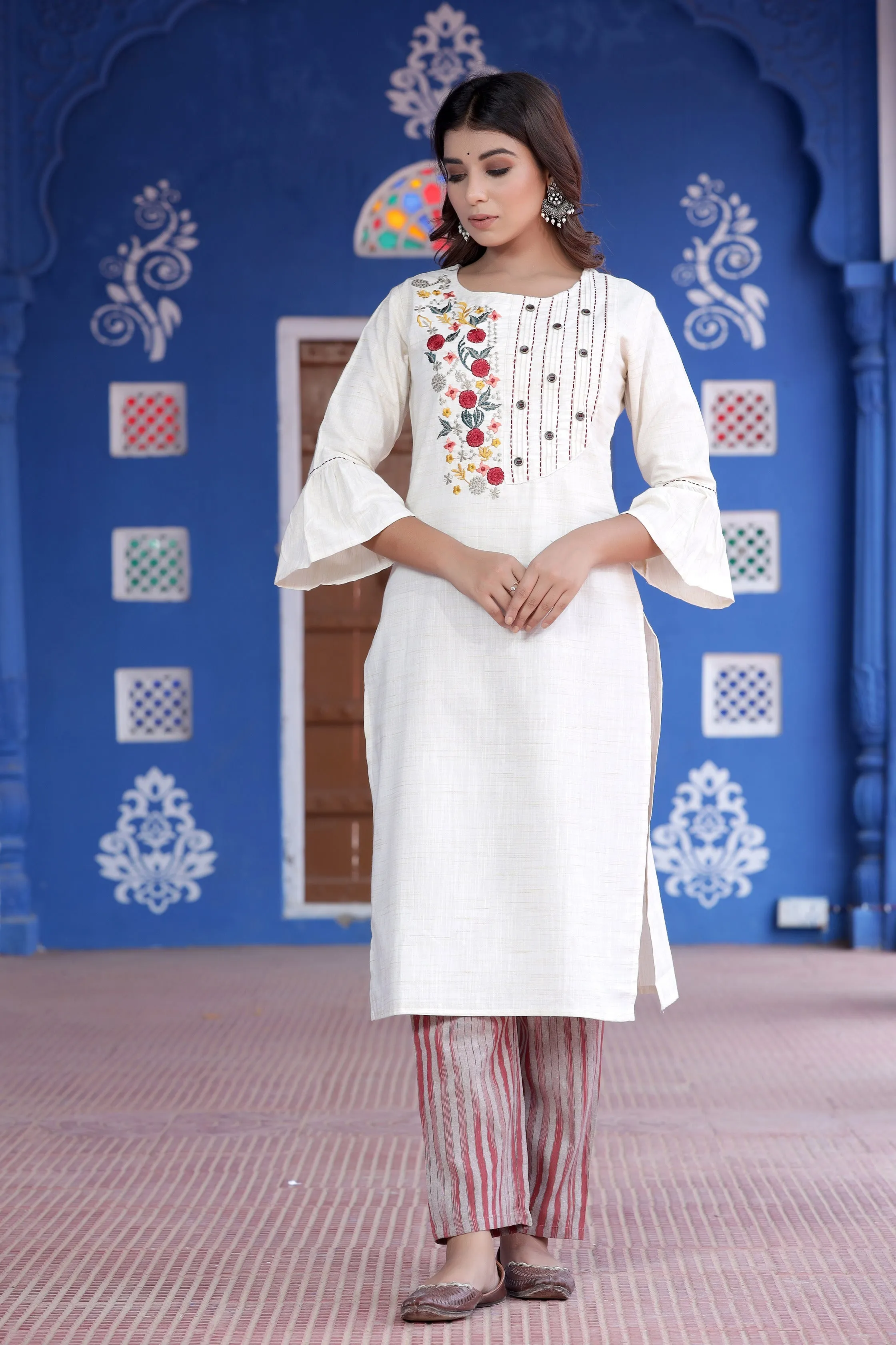 Women White Embroidered Kurta Set