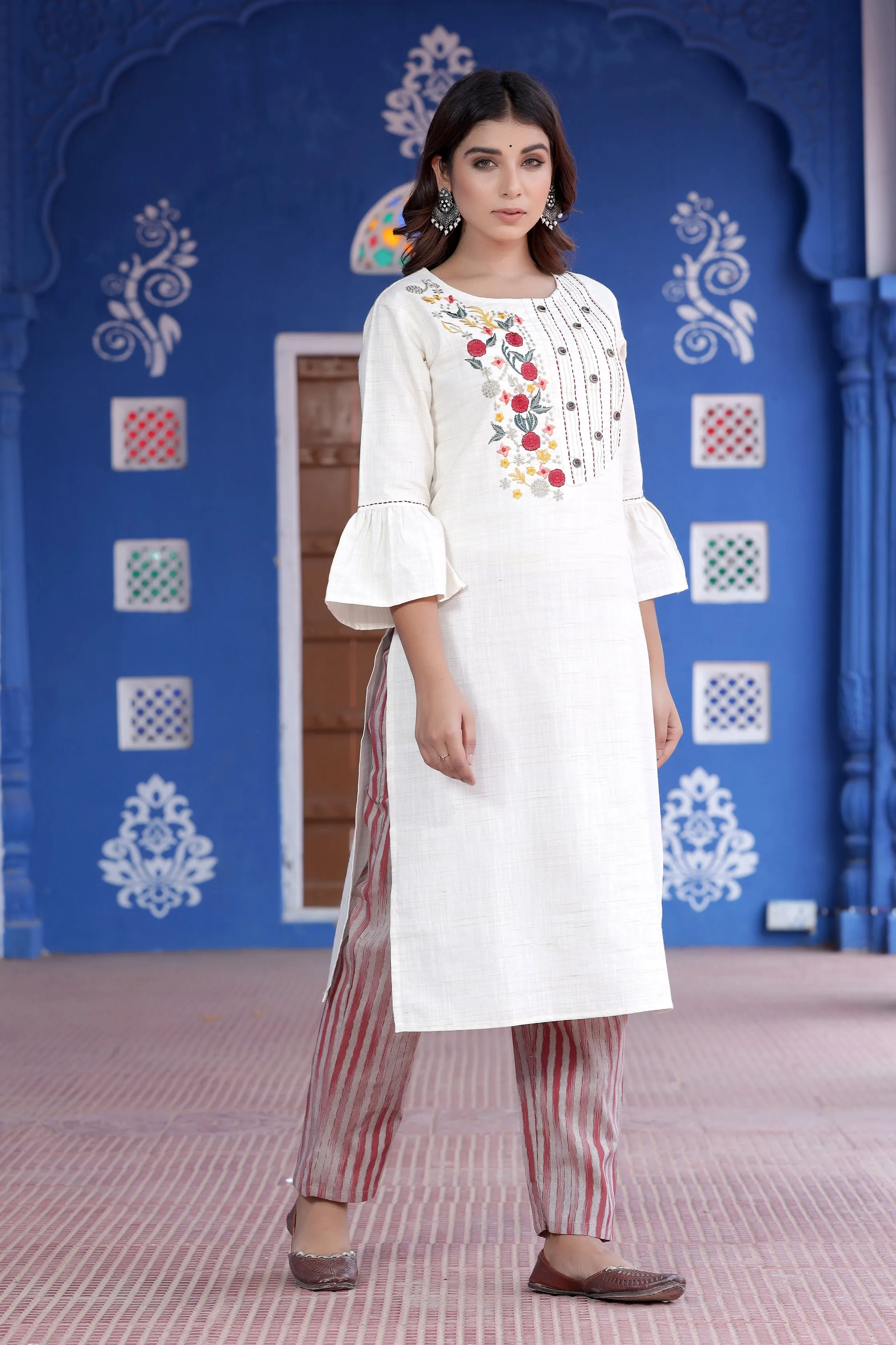 Women White Embroidered Kurta Set