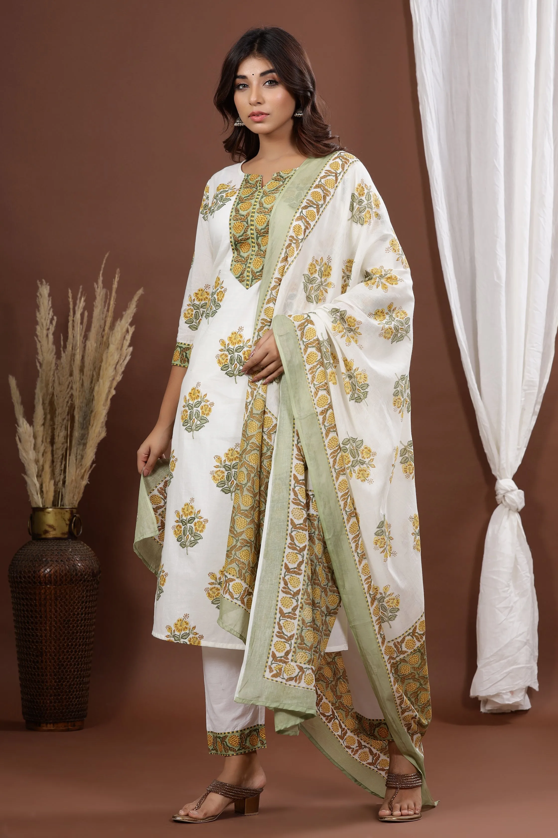 Women White Printed Dupatta Set