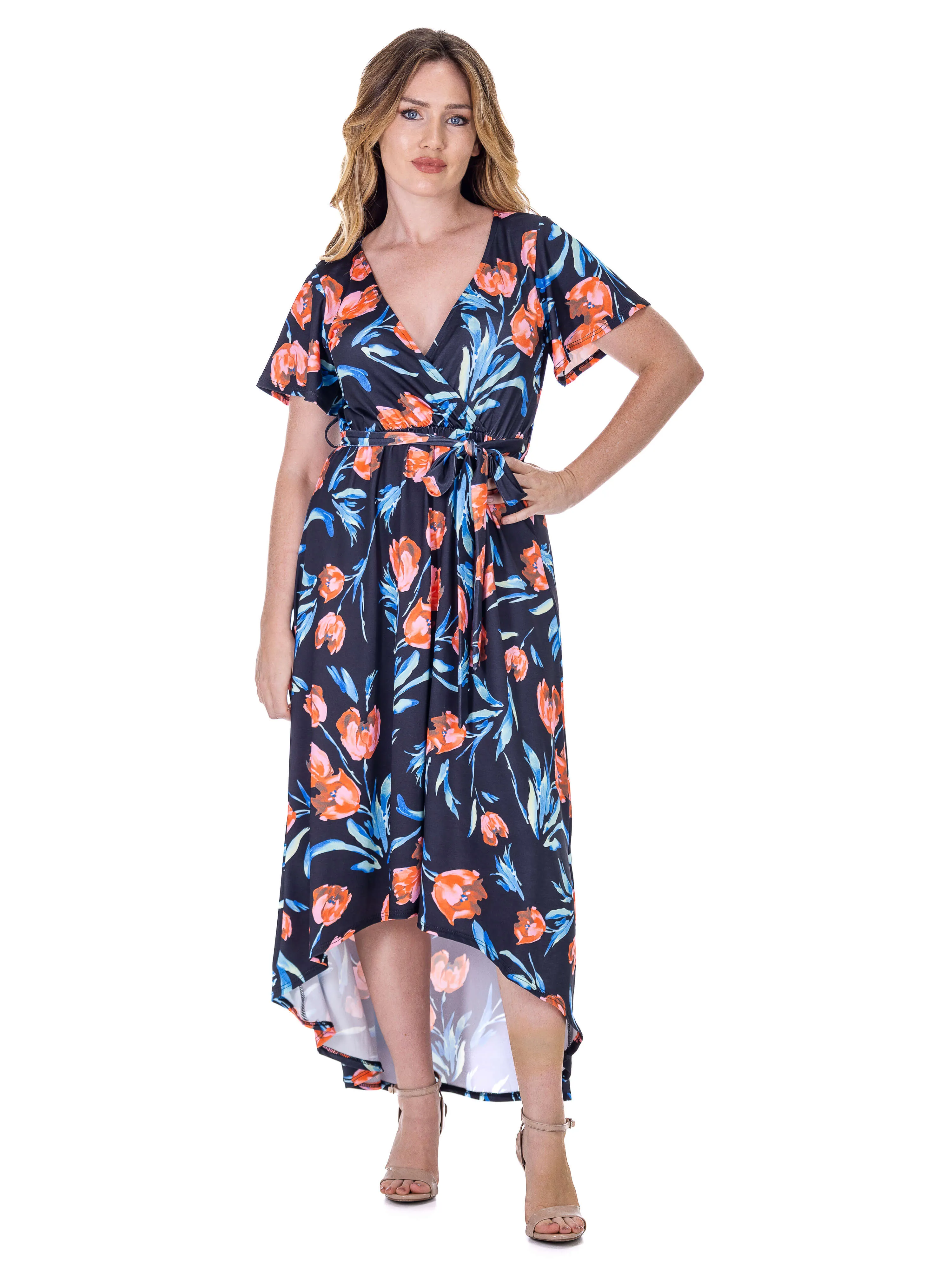 Womens Black Floral V Neck Belted High Low Faux Wrap Dress