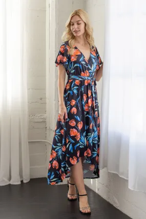 Womens Black Floral V Neck Belted High Low Faux Wrap Dress