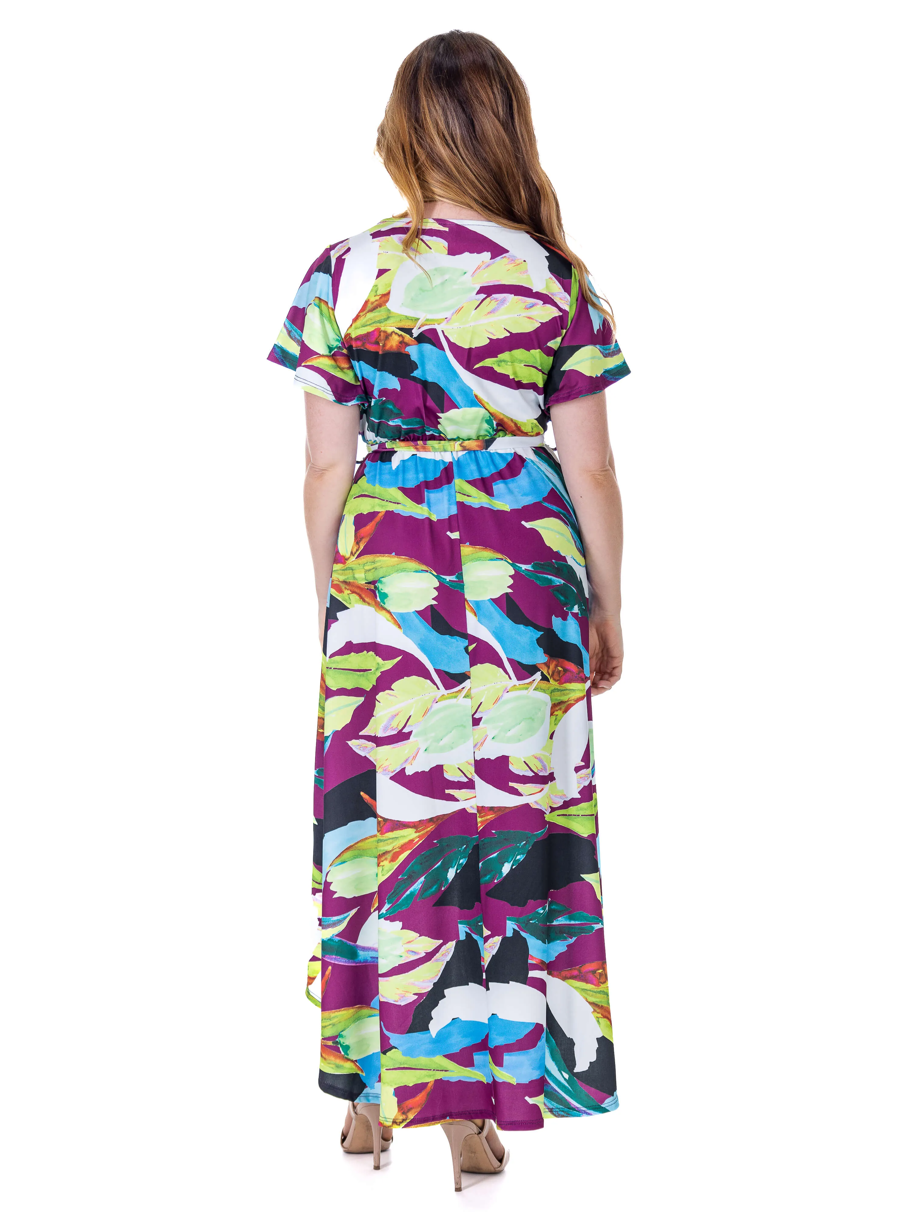 Womens Colorful Floral V Neck Belted High Low Faux Wrap Dress