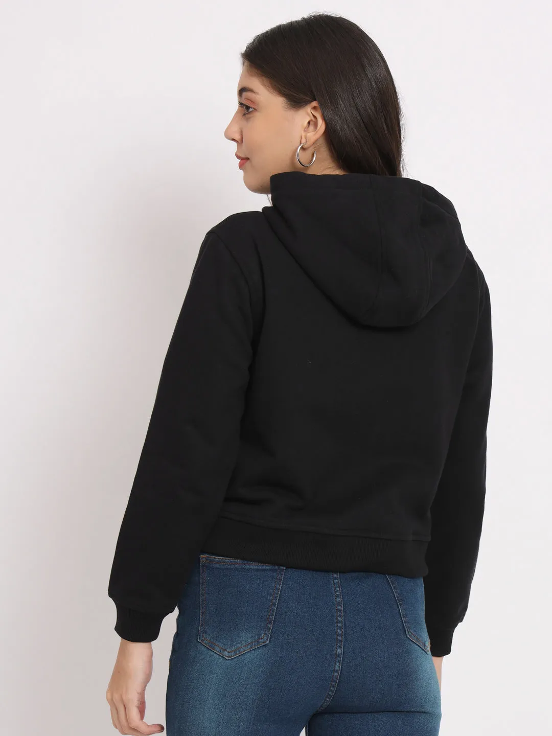 Women's Hooded Long Sleeves Cotton Black Jacket