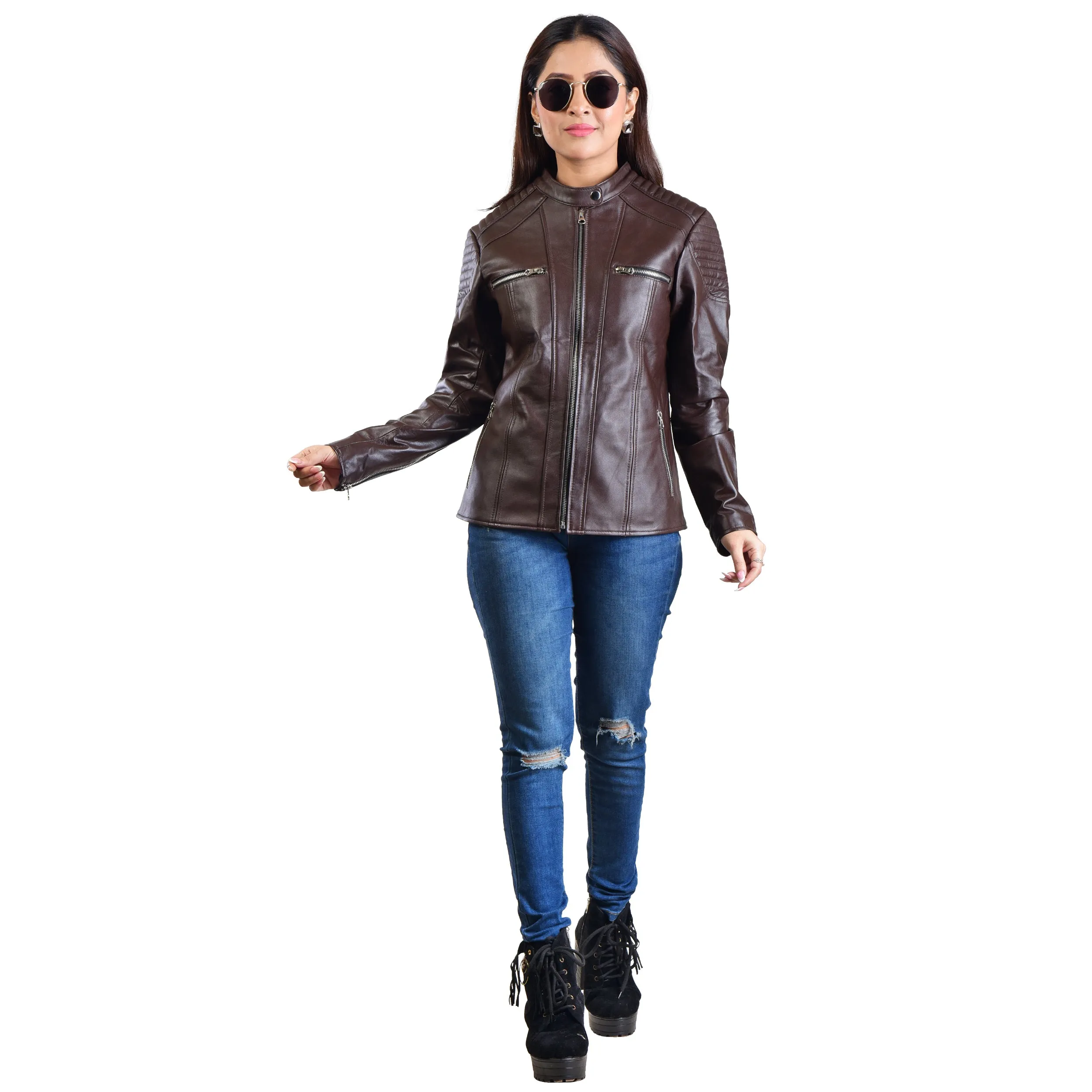 WOMENS LEATHER JACKET 410158(BROWN)