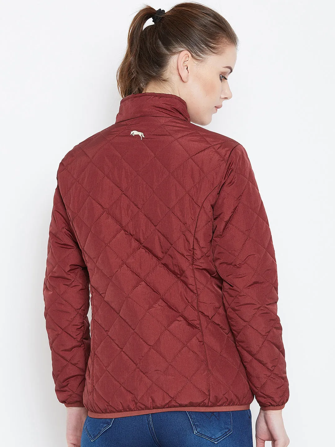 Womens Solid Ec Red Quilted Jacket