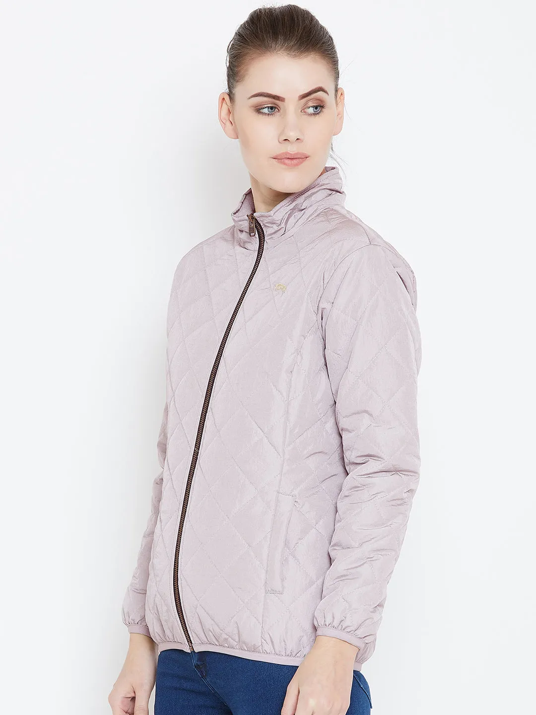 Womens Solid Silver Quilted Jacket