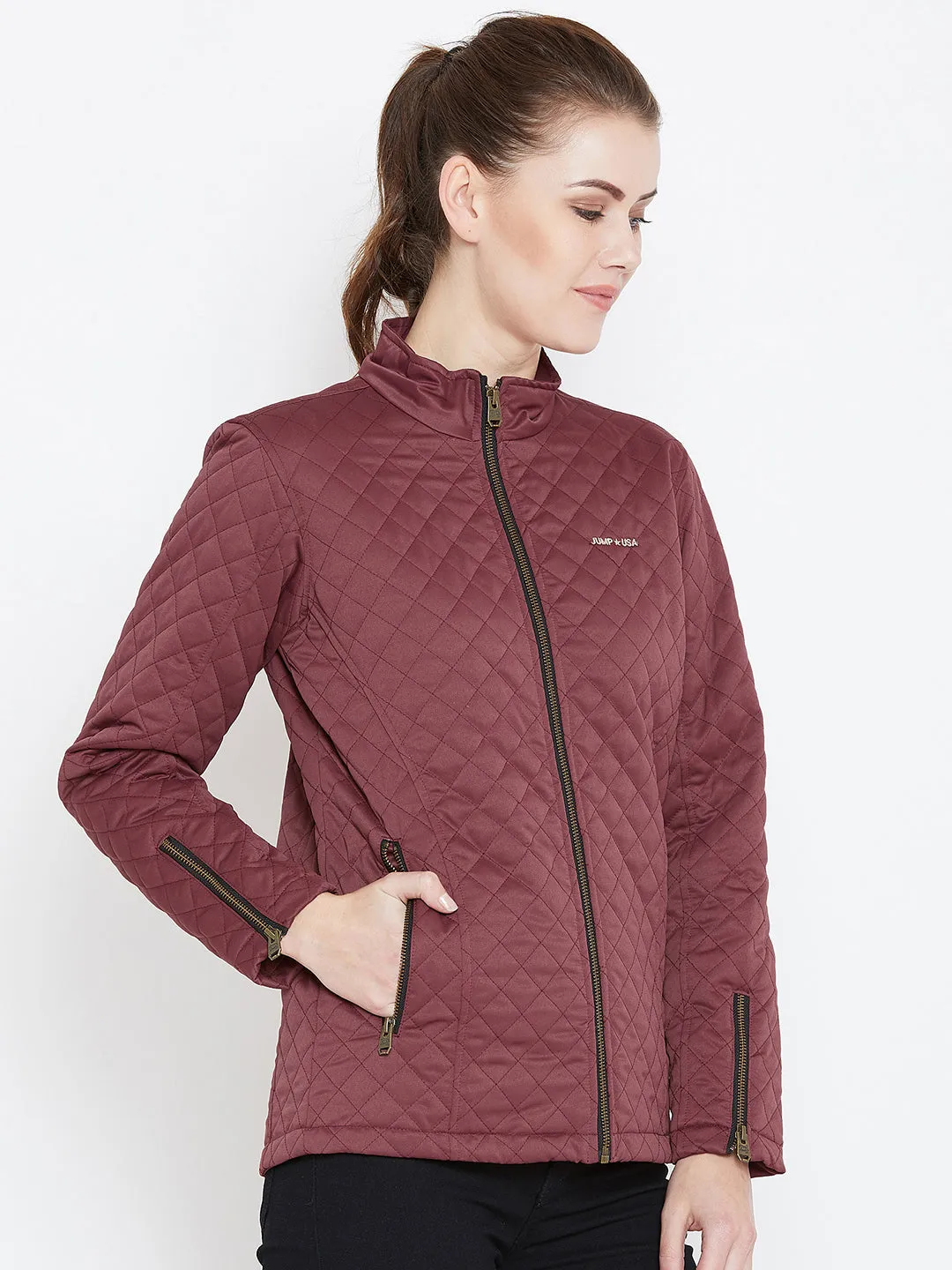 Womens Solid Wine Quilted Jacket