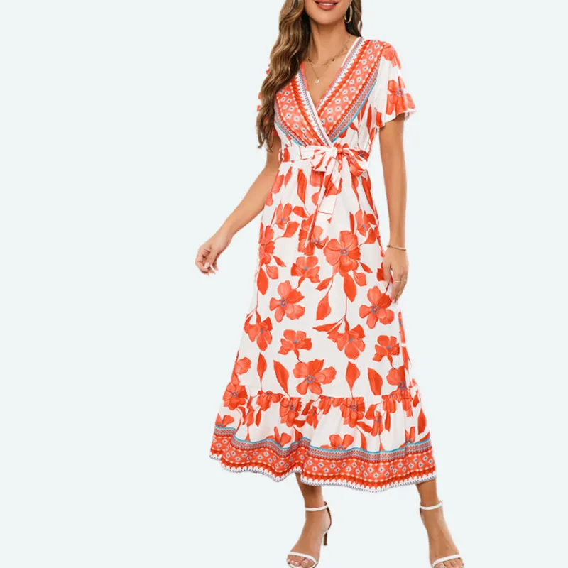 Wrap Maxi Dress in Red Floral Print