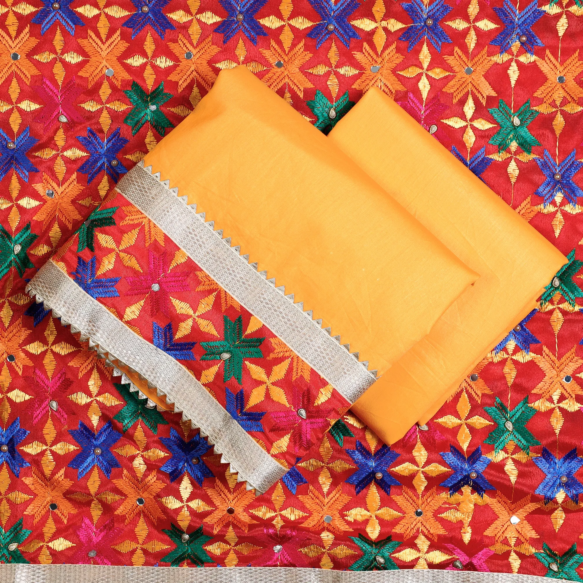 Yellow - 3pc Phulkari Embroidery Glazed Cotton Suit Material Set with Chinon Dupatta 09