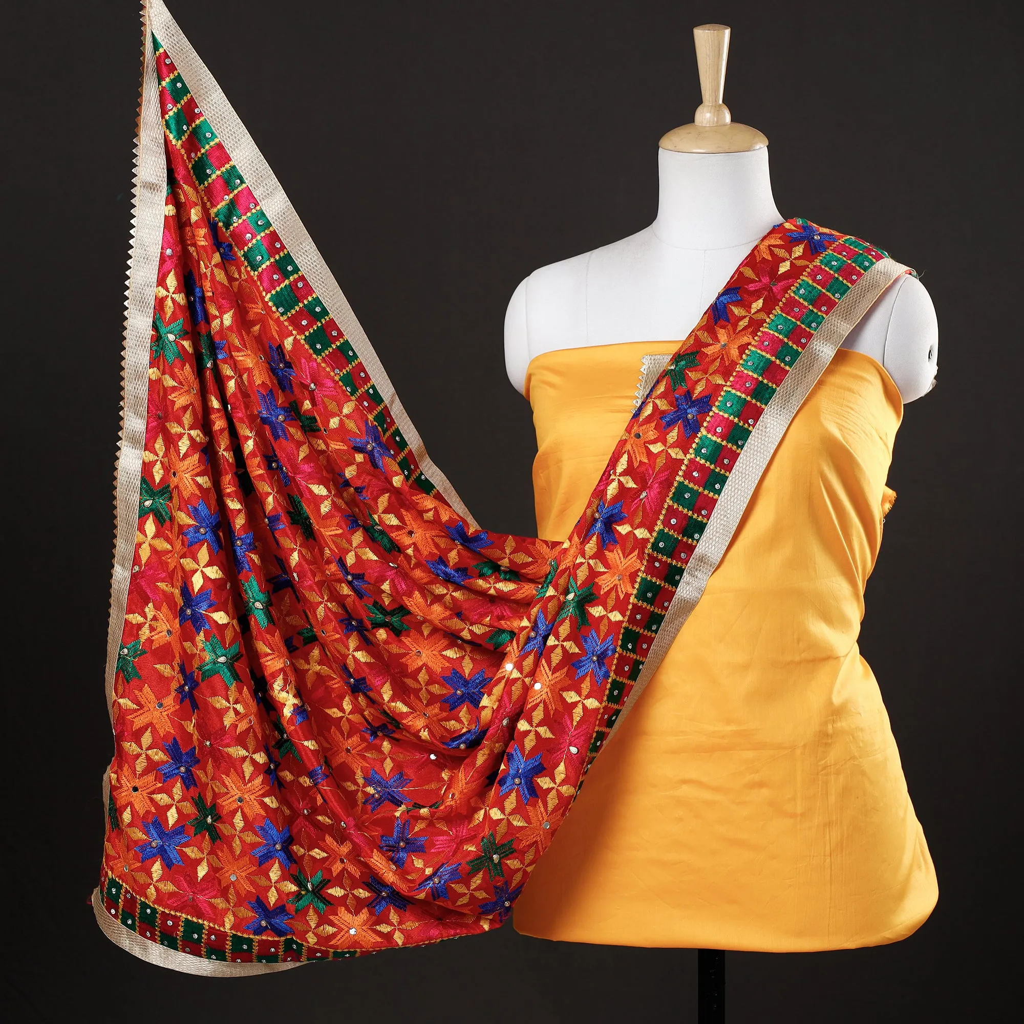 Yellow - 3pc Phulkari Embroidery Glazed Cotton Suit Material Set with Chinon Dupatta 09